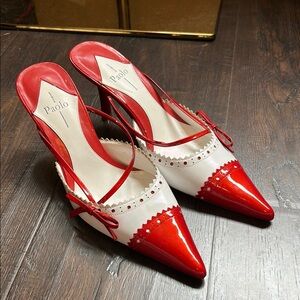 Paolo Red and White Kitten Heel Mules